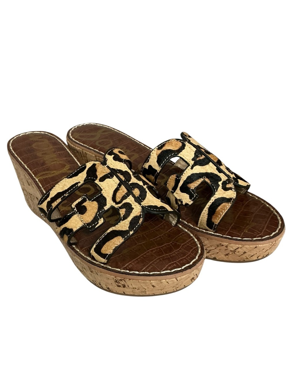Sam Edelman Leopard Print Cork Wedge Sandals Size 9 Animal Print Slides